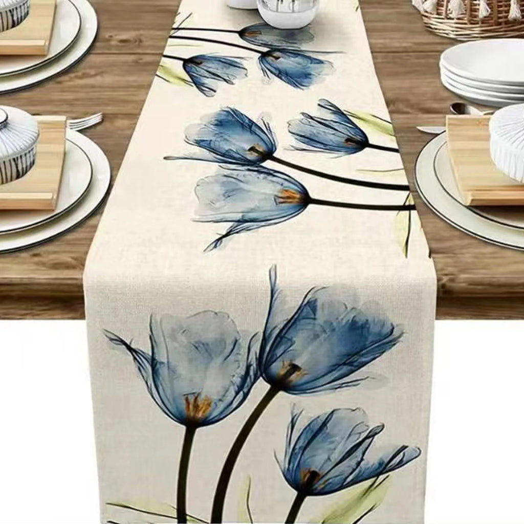 Blue & Orange Tulip Linen Table Runner