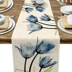 Blue & Orange Tulip Linen Table Runner