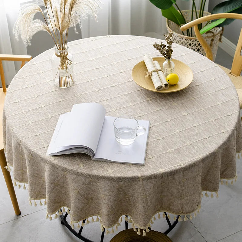 Jacquard Checkered Round Tablecloth with Tassels