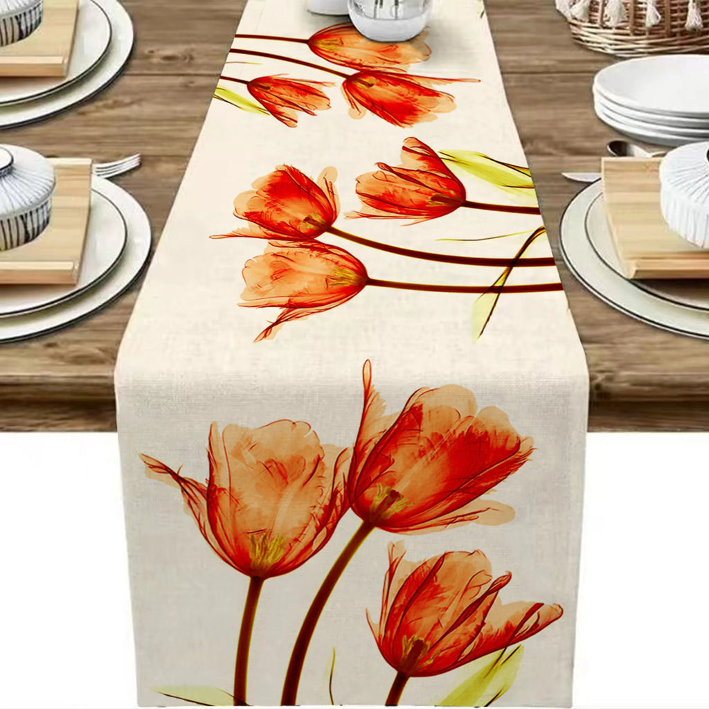 Blue & Orange Tulip Linen Table Runner