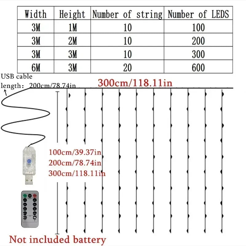 USB Curtain Fairy Lights with Remote (8 Modes)