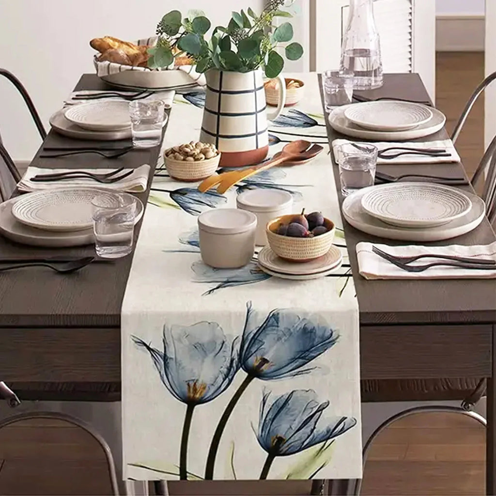 Blue & Orange Tulip Linen Table Runner