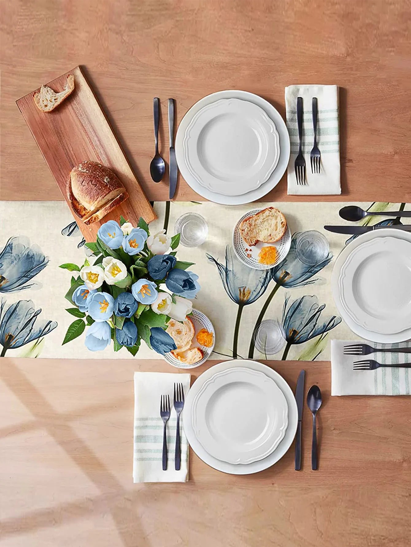 Blue & Orange Tulip Linen Table Runner