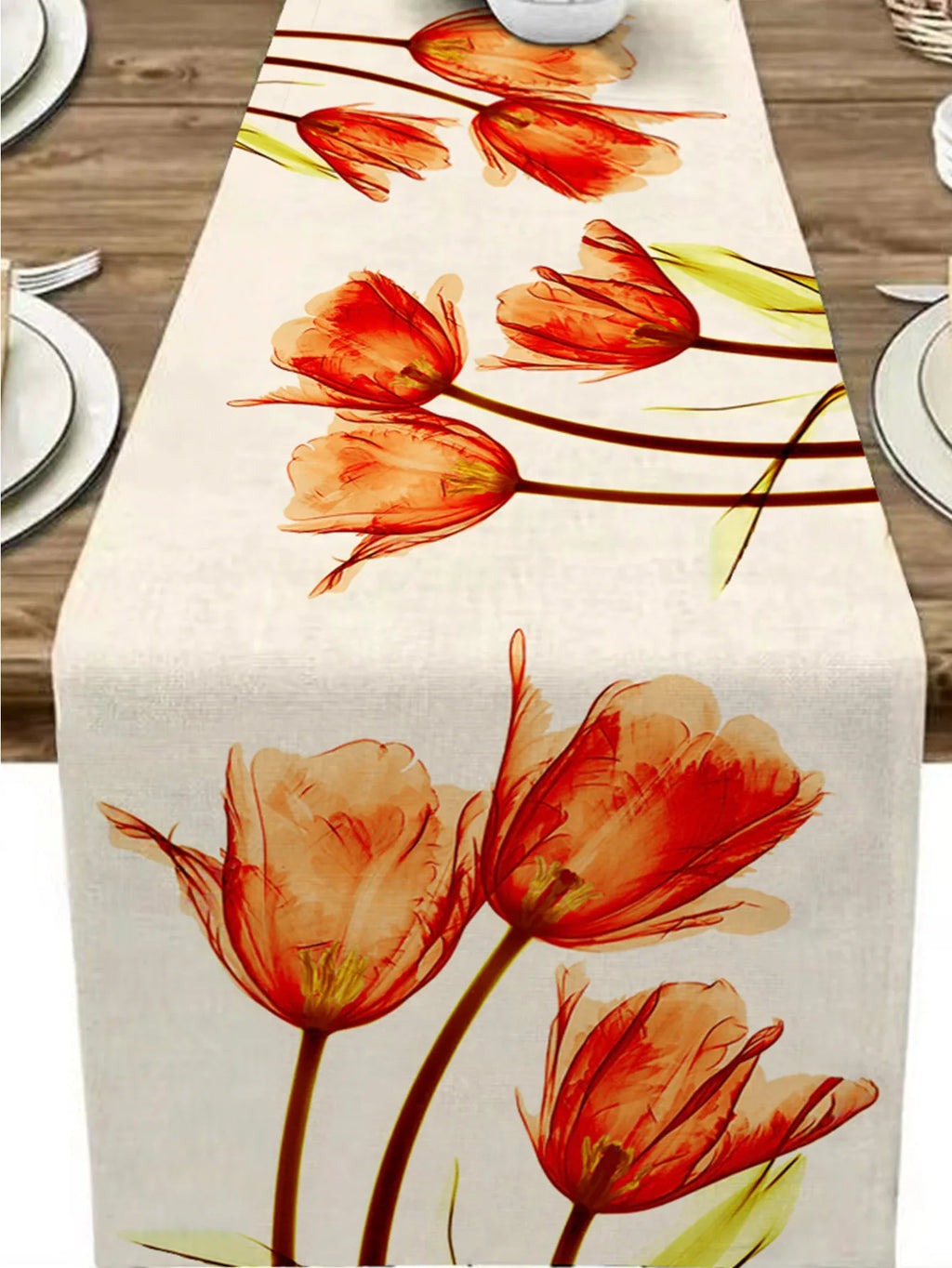 Blue & Orange Tulip Linen Table Runner