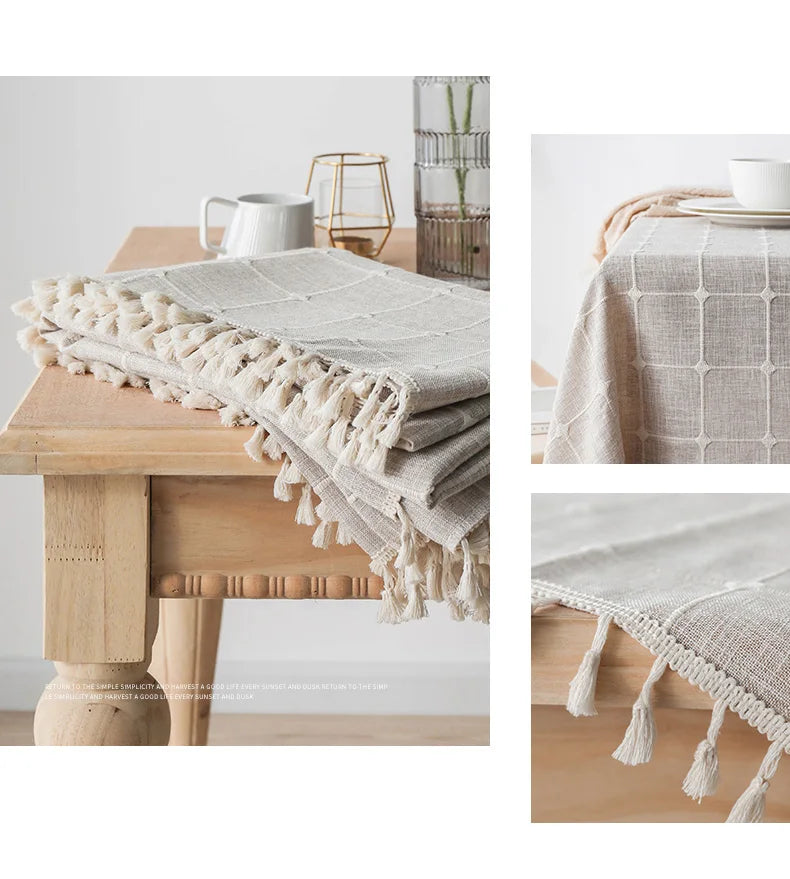 Jacquard Checkered Round Tablecloth with Tassels